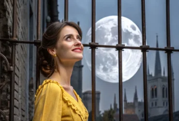 Mulher sorridente, lua cheia