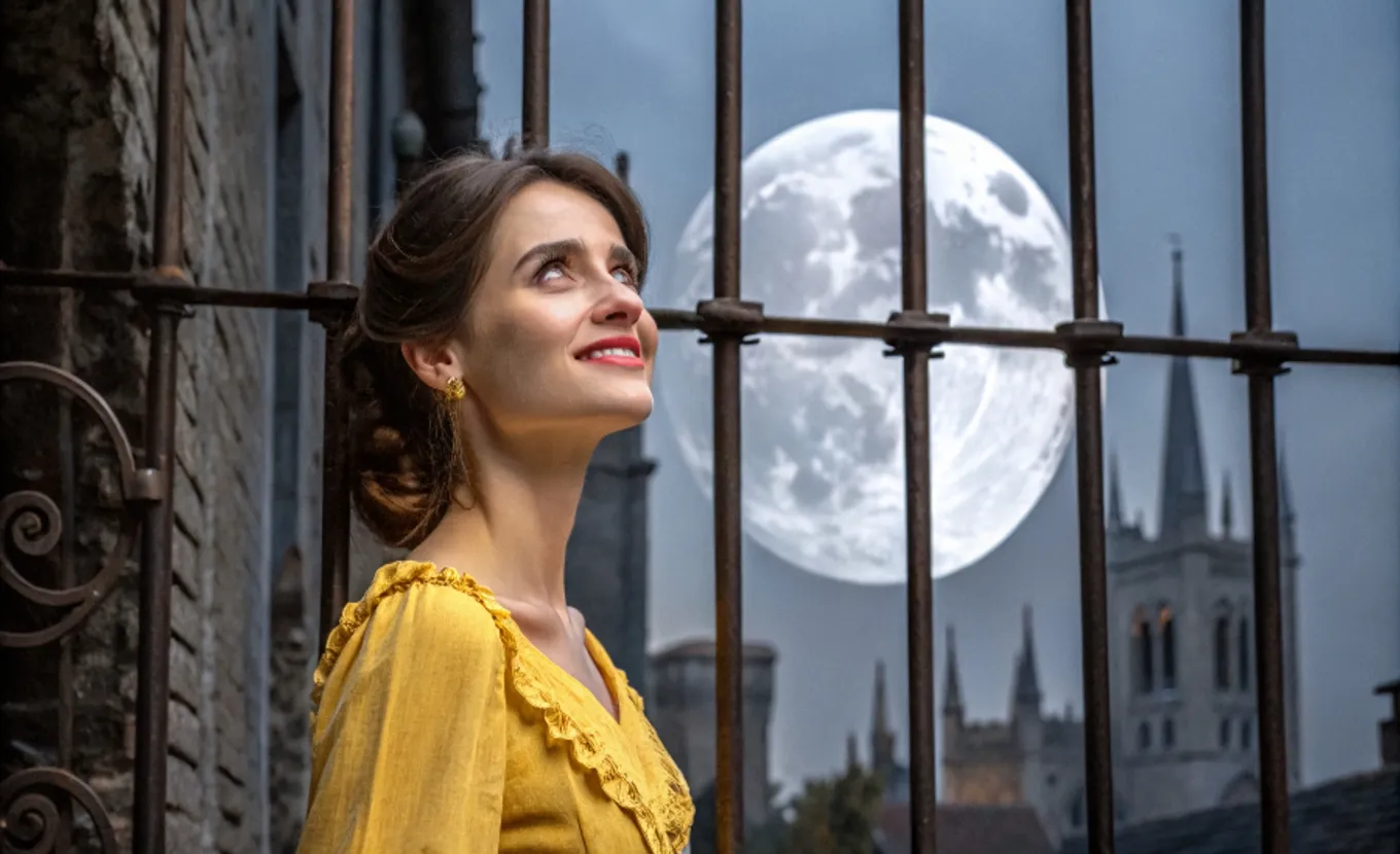 Mulher sorridente, lua cheia