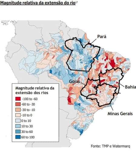 TMP e Watermarq/Divulgação Brasília (DF), 22/04/2025 - De 32% a 39% das sub-bacias de Minas Gerais, Goiás e Bahia registraram um declínio na extensão dos rios em um nível considerado de “alto risco” (ou seja, um declínio de mais de 10%), entre o final do século 20 e o início do século 21. Arte: TMP e Watermarq/Divulgação