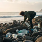 coletando-carrafa-descartaveis-nas-pedras-ao-lado-