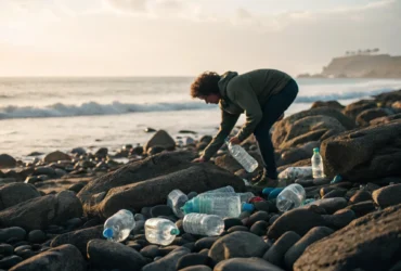 coletando-carrafa-descartaveis-nas-pedras-ao-lado-