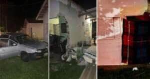 Veículo bateu na parede de uma casa, arrancando parte da porta; motorista é procurado pela polícia