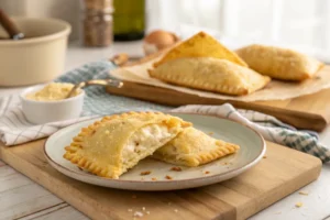 pastel-crocante-em-uma-bandeisja-sobre-a-mesa