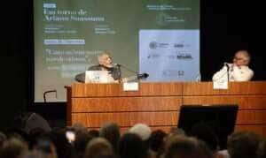 Rio de Janeiro (RJ), 13/05/2025 – Os acadêmicos Gilberto Gil e Joaquim Falcão na conferência