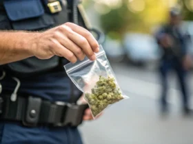 Policial da PM segurando sacola zip-lock com maconha