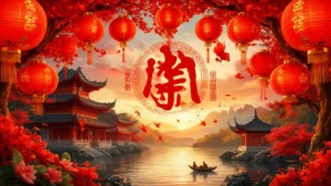 Representação artística do zodíaco chinês em ambiente sereno e iluminado.