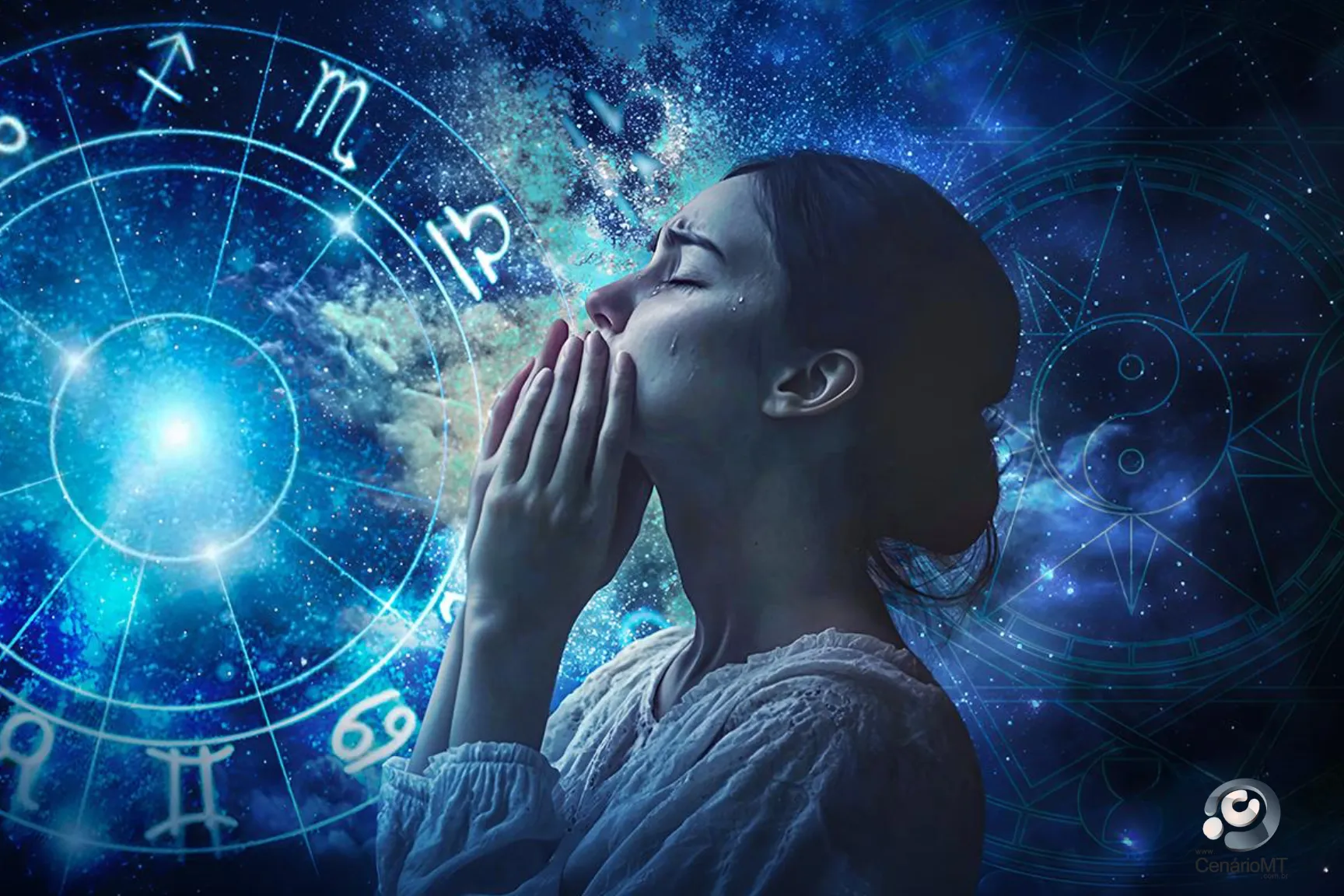 Mulher pensativa, imagem de fundo horóscopo