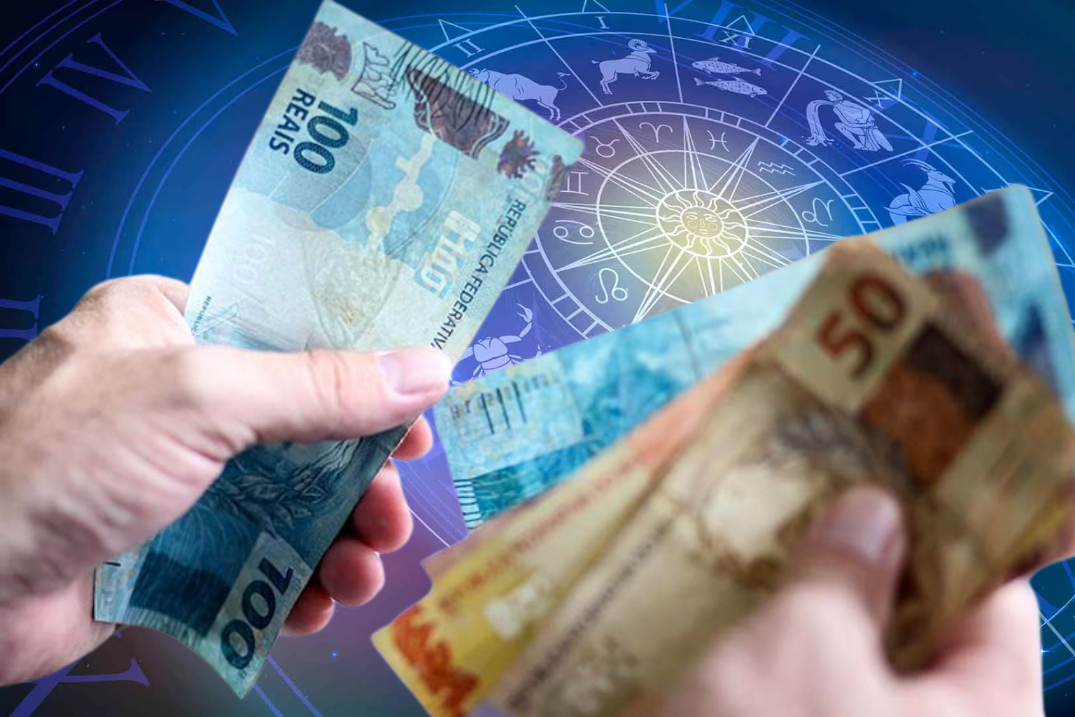 Signos com sorte na loteria, segurando dinheiro na mão