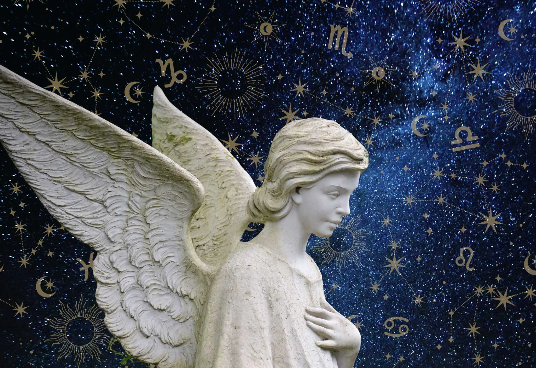 Imagem ilustrativa de anjo celestial com luz dourada ao fundo, representando proteção espiritual para os signos, por CenárioMT / Canva