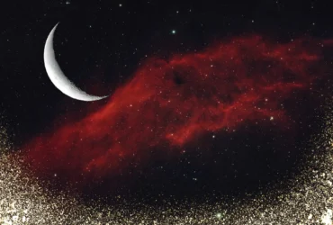 Ilustração da Lua minguante sobre um céu estrelado com tons de vermelho e prata, simbolizando interioridade e desapego, por CenárioMT / Canva