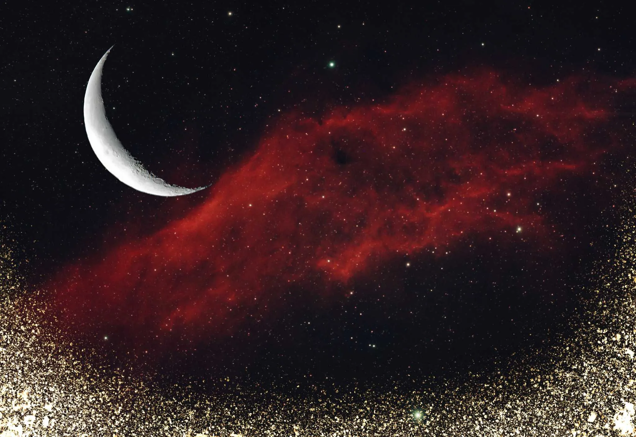 Ilustração da Lua minguante sobre um céu estrelado com tons de vermelho e prata, simbolizando interioridade e desapego, por CenárioMT / Canva