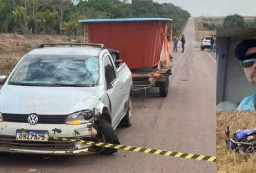 A colisão envolveu uma motocicleta Yamaha Fazer azul e uma picape VW Saveiro prata, que transportava uma piscina em um reboque.