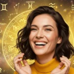 Mulher Feliz com Horóscopo Amarelo