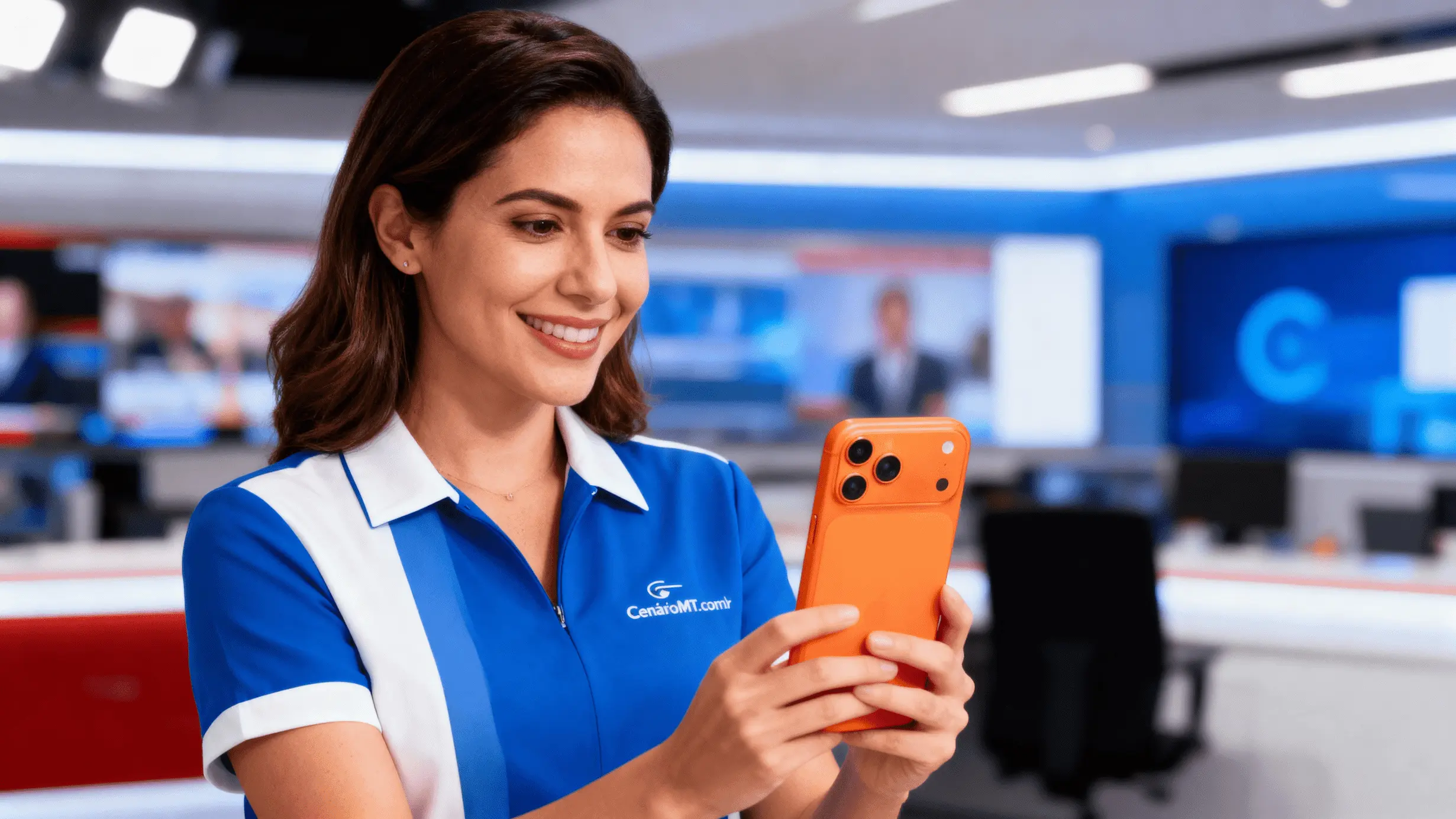 Mulher com Uniforme CenárioMT com iPhone