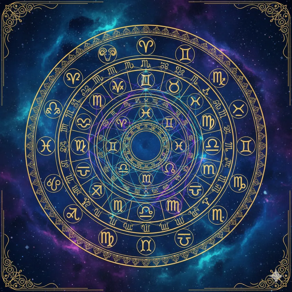 Representação de um mapa astral completo com signos e casas astrológicas