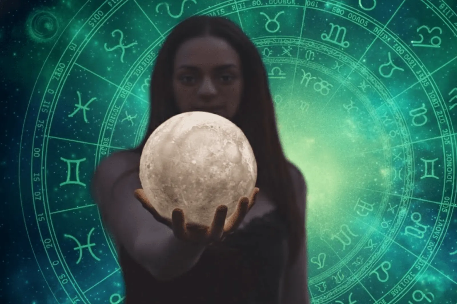 Mulher com bola de cristal na mao