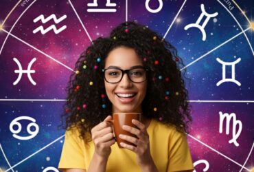 Mulher com fundo de horóscopo, cabelos com laços, óculos, camiseta amarela e tomando café