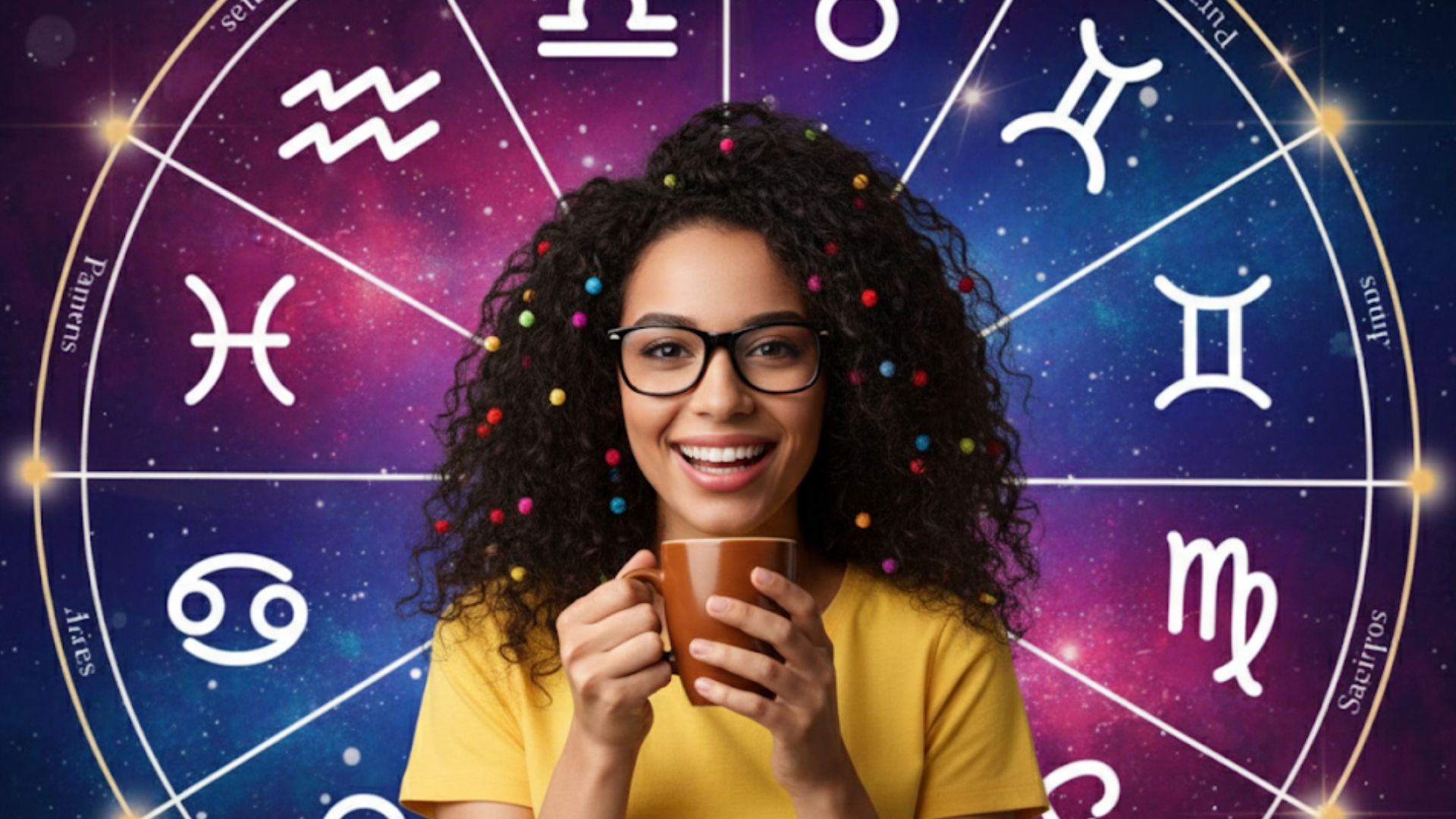 Mulher com fundo de horóscopo, cabelos com laços, óculos, camiseta amarela e tomando café
