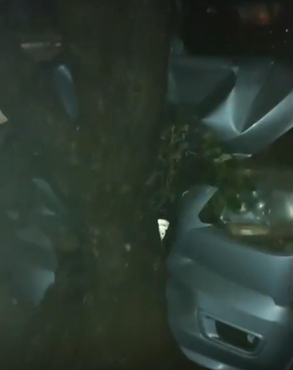 Mulher foi socorrida por terceiros e levada a uma unidade de saúde; impacto destruiu a parte frontal do carro e acionou airbags