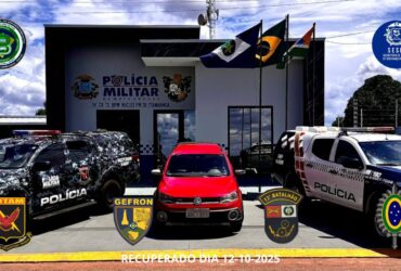 Operação conjunta com apoio do sistema “Vigia Mais MT” resultou na interceptação de uma Saveiro Cross vermelha, produto de roubo em Maringá (PR), às margens da MT-338