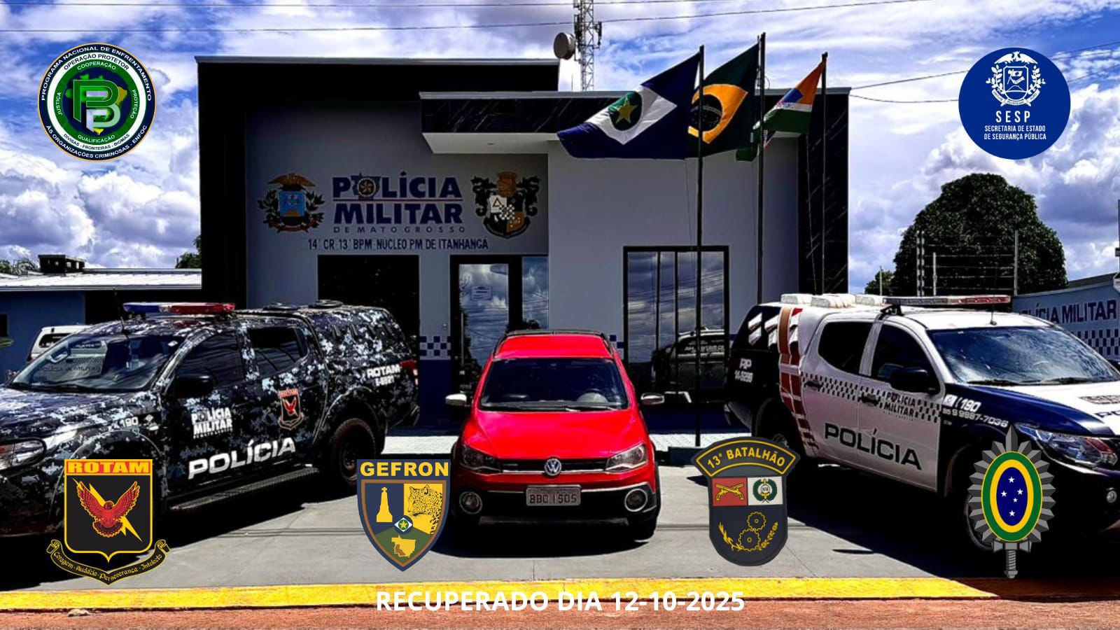 Operação conjunta com apoio do sistema “Vigia Mais MT” resultou na interceptação de uma Saveiro Cross vermelha, produto de roubo em Maringá (PR), às margens da MT-338