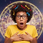 mulher surpresa com fundo de horóscopo, cabelos com laços, óculos e camiseta amarela, no formato paisagem 16:9: