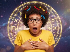 mulher surpresa com fundo de horóscopo, cabelos com laços, óculos e camiseta amarela, no formato paisagem 16:9:
