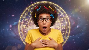 mulher surpresa com fundo de horóscopo, cabelos com laços, óculos e camiseta amarela, no formato paisagem 16:9: