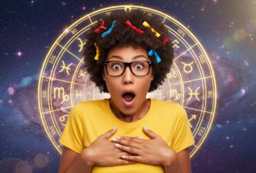 mulher surpresa com fundo de horóscopo, cabelos com laços, óculos e camiseta amarela, no formato paisagem 16:9: