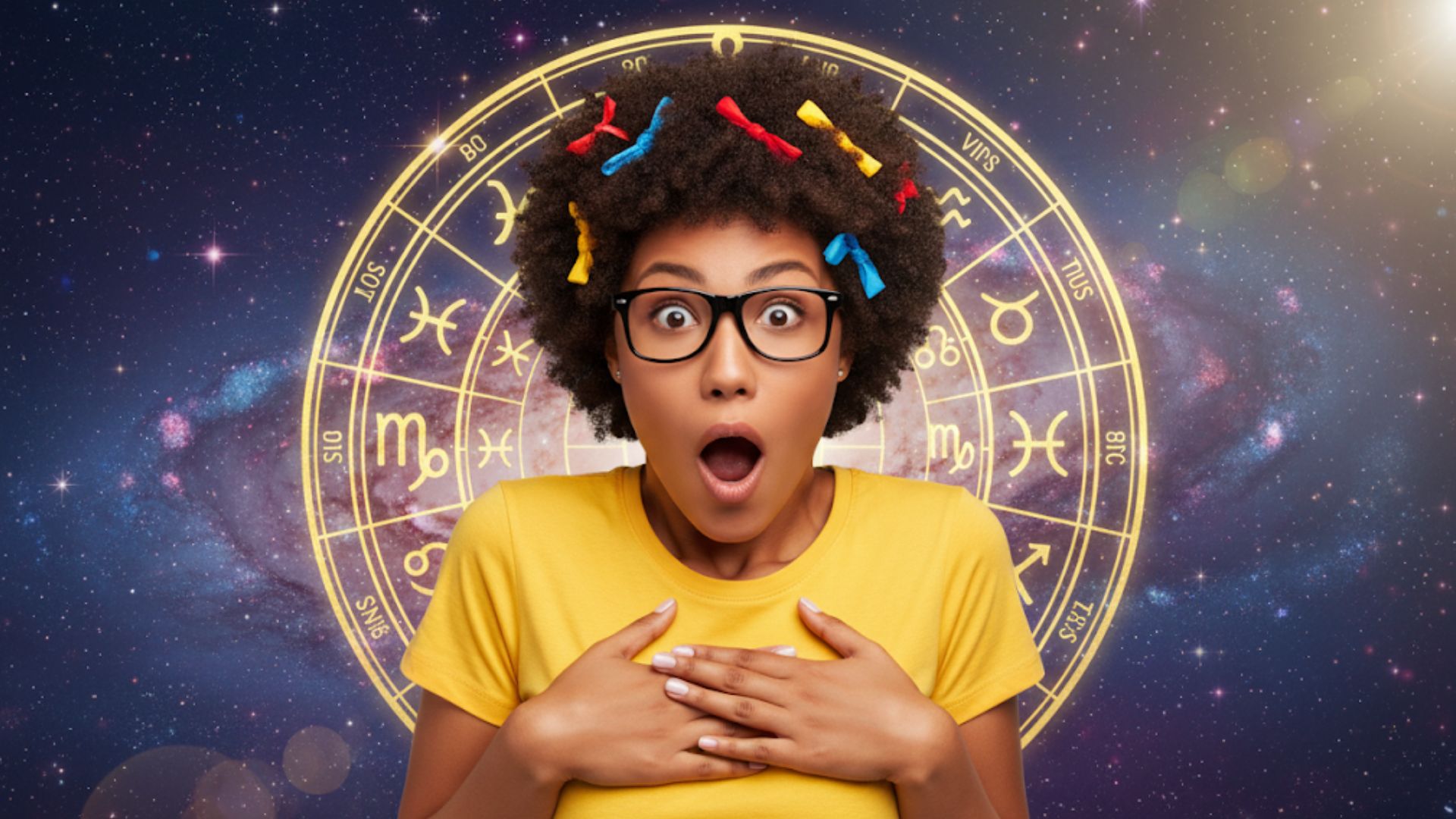 mulher surpresa com fundo de horóscopo, cabelos com laços, óculos e camiseta amarela, no formato paisagem 16:9: