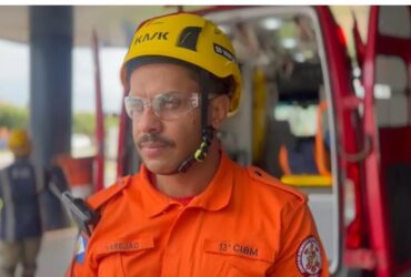 Soldado BM Verejão, da 13ª CIBM de Lucas do Rio Verde, orienta sobre o uso de equipamentos de segurança e a importância de chamar profissionais para serviços de risco