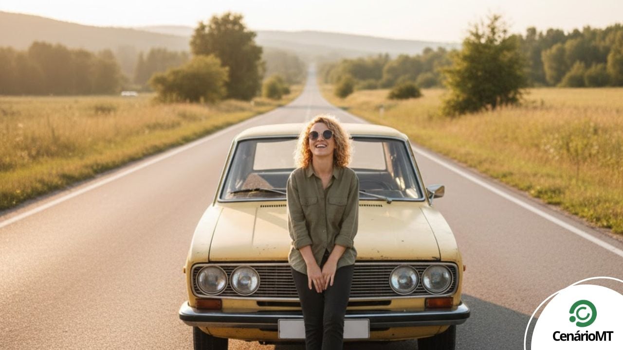 Mulher feliz na estrada