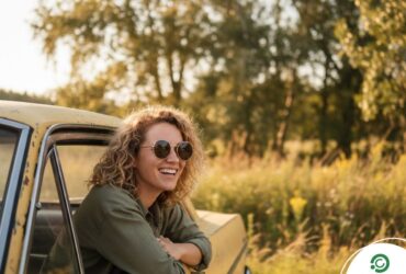 Mulher feliz no veículo