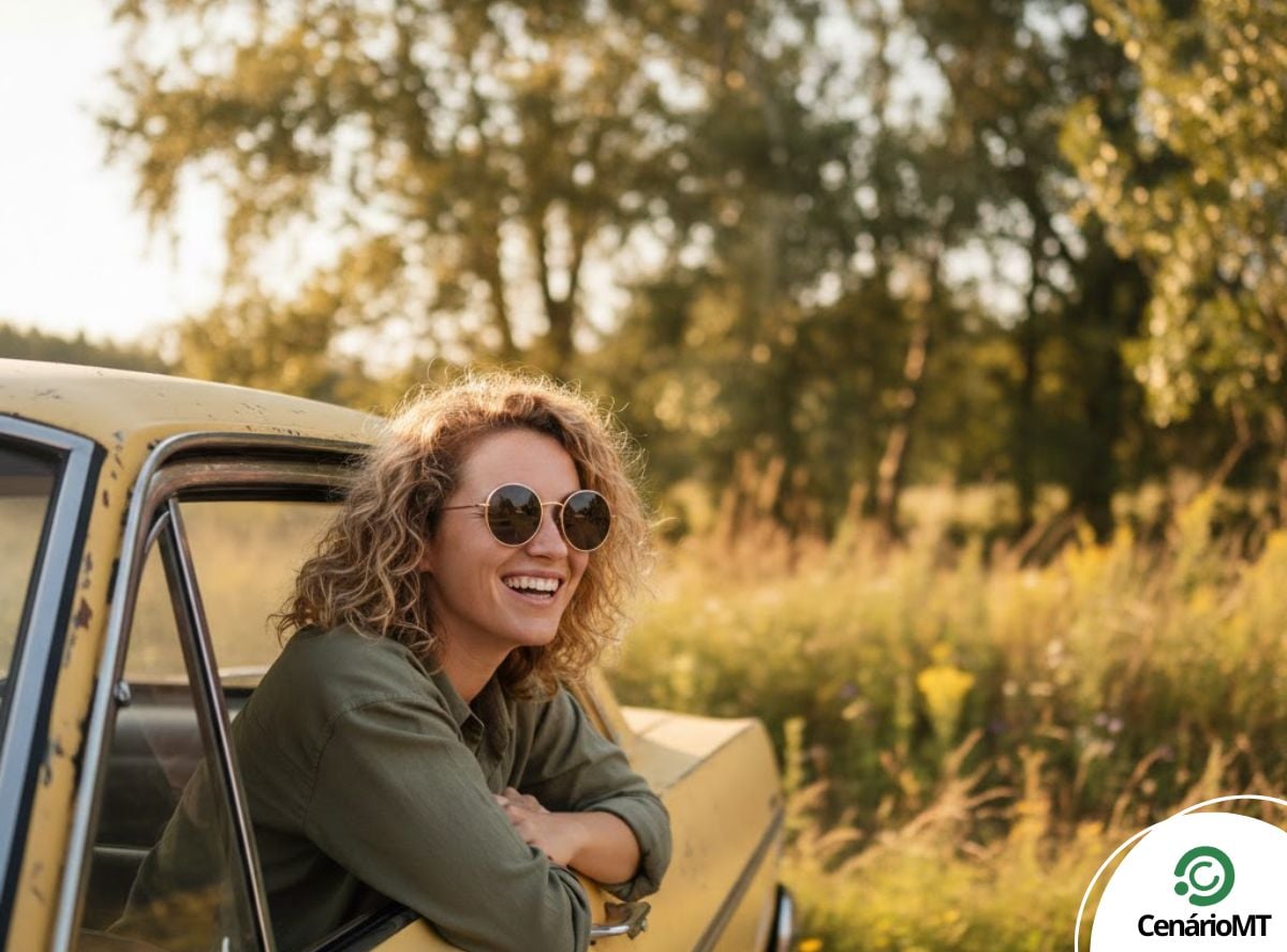 Mulher feliz no veículo