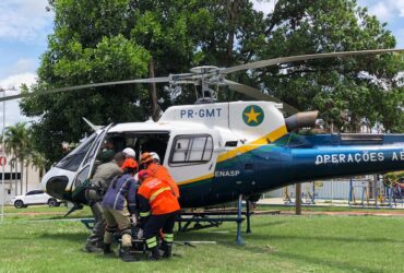 Trabalhador de 46 anos sofreu fratura exposta por esmagamento ao ficar com a perna presa em equipamento de silo; Águia 03 realizou o transporte aéreo até Sorriso