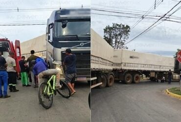 Menina andava de bicicleta quando entrou no ponto cego do veículo; Corpo de Bombeiros realizou o atendimento e a encaminhou ao Hospital Regional