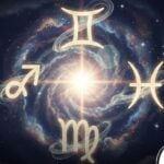 Ilustração editorial de energia espiritual luminosa envolvendo três signos do zodíaco durante o fim de semana.