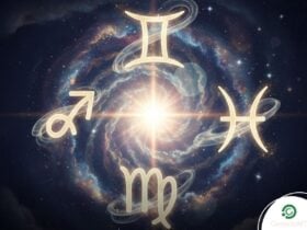 Ilustração editorial de energia espiritual luminosa envolvendo três signos do zodíaco durante o fim de semana.