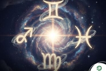 Ilustração editorial de energia espiritual luminosa envolvendo três signos do zodíaco durante o fim de semana.