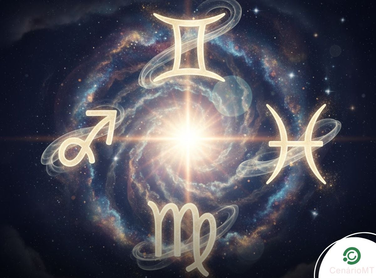 Ilustração editorial de energia espiritual luminosa envolvendo três signos do zodíaco durante o fim de semana.