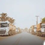 Caminhões carregados com grãos em estrada rural de Lucas do Rio Verde, simbolizando escoamento e logística da safra