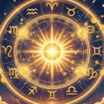 Ilustração editorial de um sábado iluminado com símbolos do zodíaco e tons dourados, representando oportunidades rápidas de dinheiro para três signos.