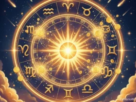 Ilustração editorial de um sábado iluminado com símbolos do zodíaco e tons dourados, representando oportunidades rápidas de dinheiro para três signos.