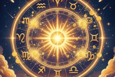 Ilustração editorial de um sábado iluminado com símbolos do zodíaco e tons dourados, representando oportunidades rápidas de dinheiro para três signos.