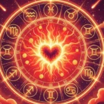 Ilustração editorial de um sábado vibrante com tons vermelhos e dourados, simbolizando paixão explosiva e encontros marcantes entre os signos.