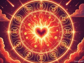 Ilustração editorial de um sábado vibrante com tons vermelhos e dourados, simbolizando paixão explosiva e encontros marcantes entre os signos.