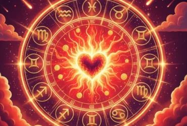 Ilustração editorial de um sábado vibrante com tons vermelhos e dourados, simbolizando paixão explosiva e encontros marcantes entre os signos.