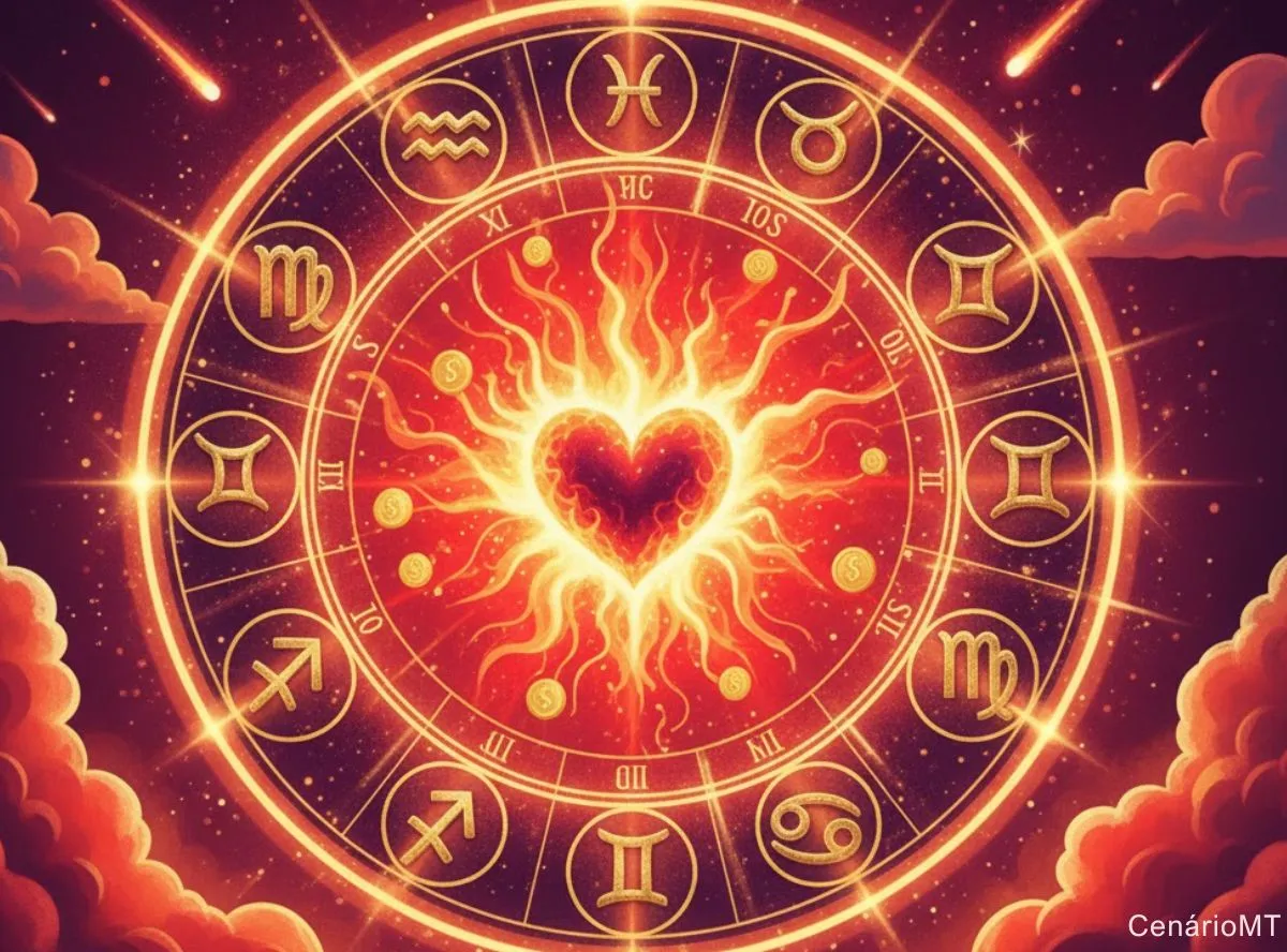Ilustração editorial de um sábado vibrante com tons vermelhos e dourados, simbolizando paixão explosiva e encontros marcantes entre os signos.