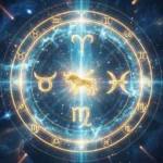 Ilustração editorial de um portal energético luminoso no sábado, com símbolos do zodíaco representando Touro, Sagitário e Peixes.