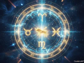 Ilustração editorial de um portal energético luminoso no sábado, com símbolos do zodíaco representando Touro, Sagitário e Peixes.